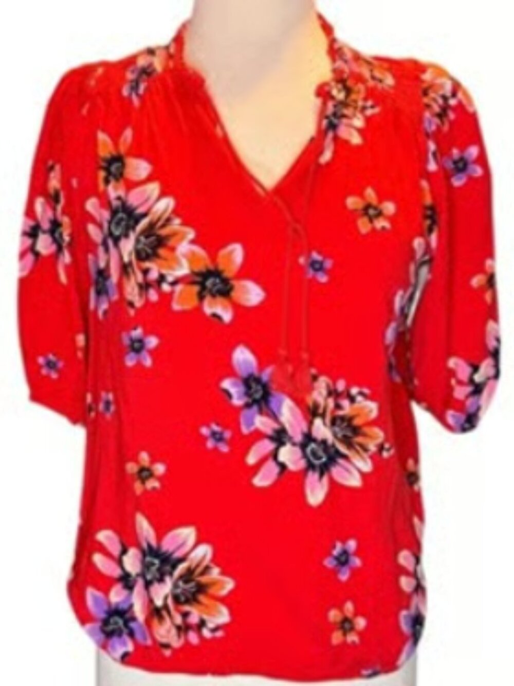 Jessica Simpson Floral Blouse 3/4 Sleeve Hawiian Red Top V-neck Flowy Small NEW